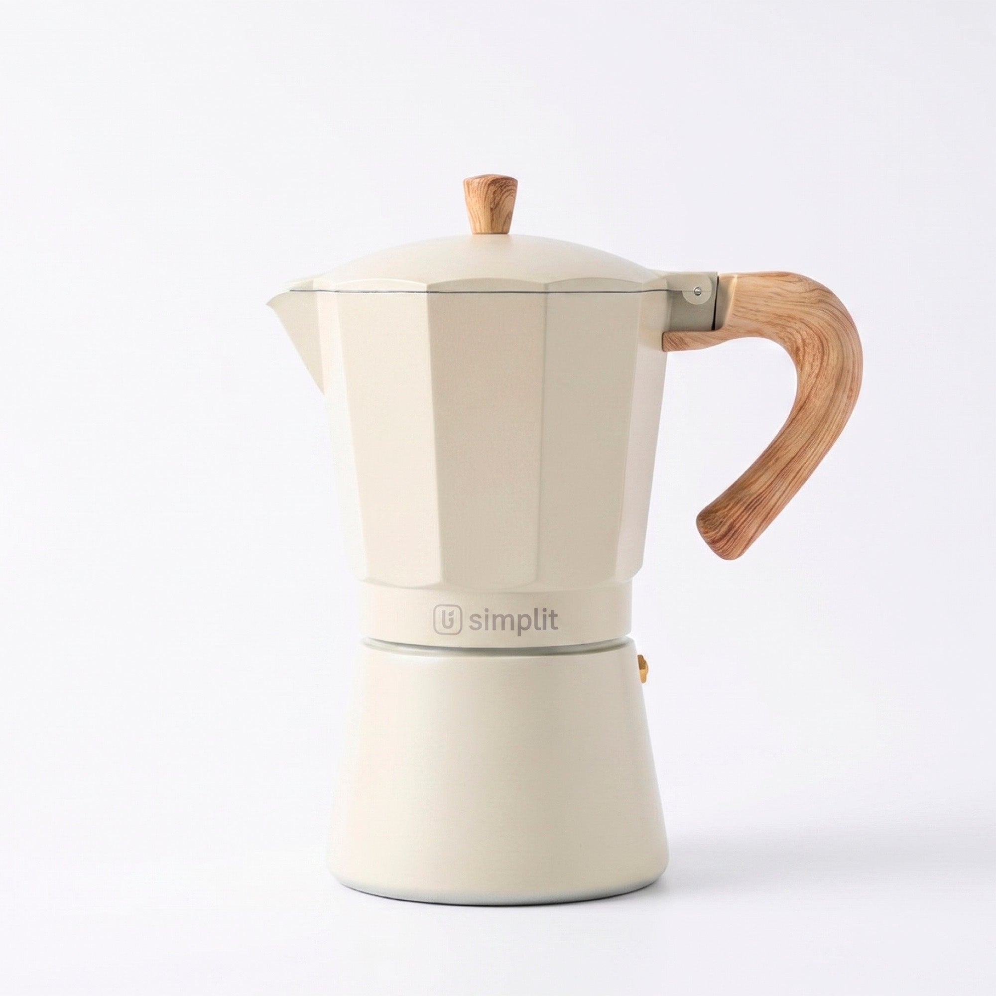 Crema · Cafetera Italiana Savannah 12 tazas 600 ml de aluminio Simplit, frontal sobre fondo blanco