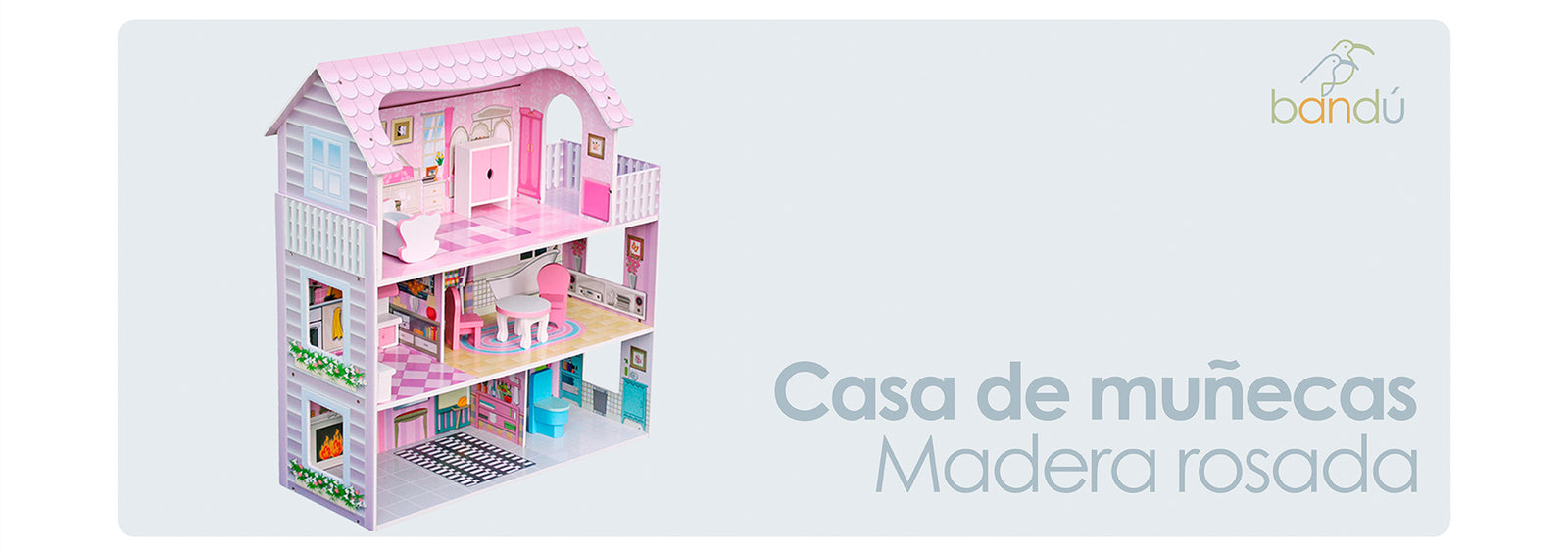 Casa De Muñecas Clásica Madera Rosada Con Accesorios Bandú