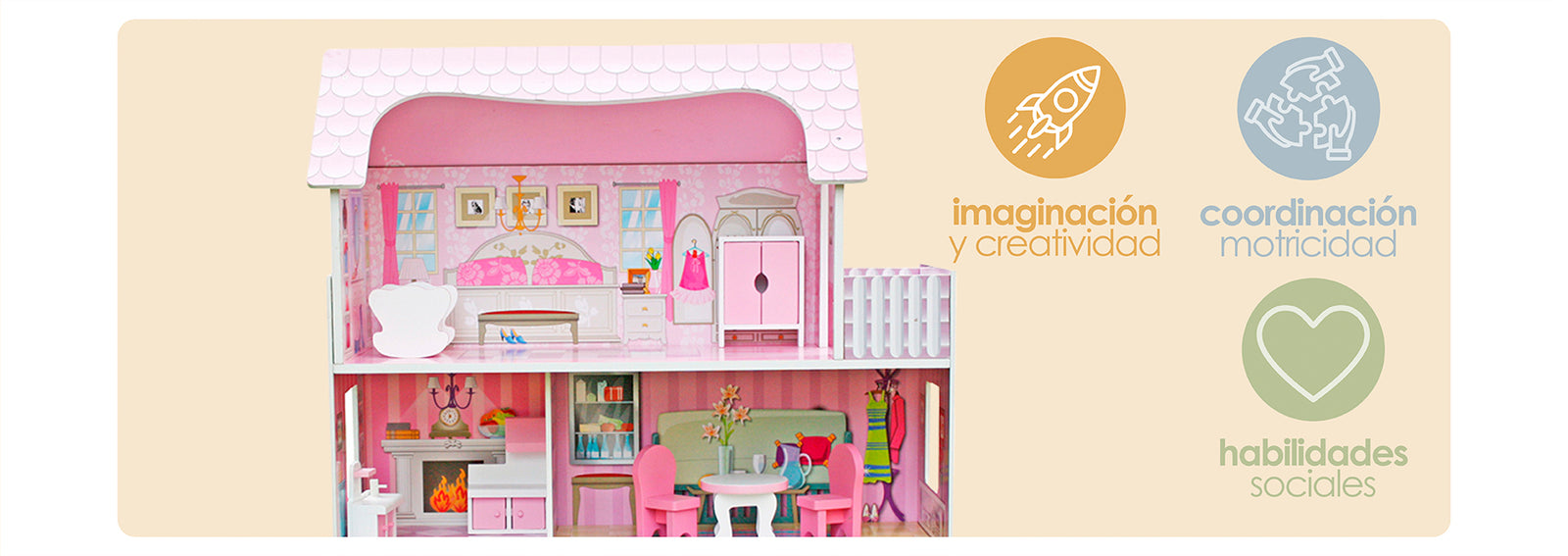 Casa De Muñecas Clásica Madera Rosada Con Accesorios Bandú