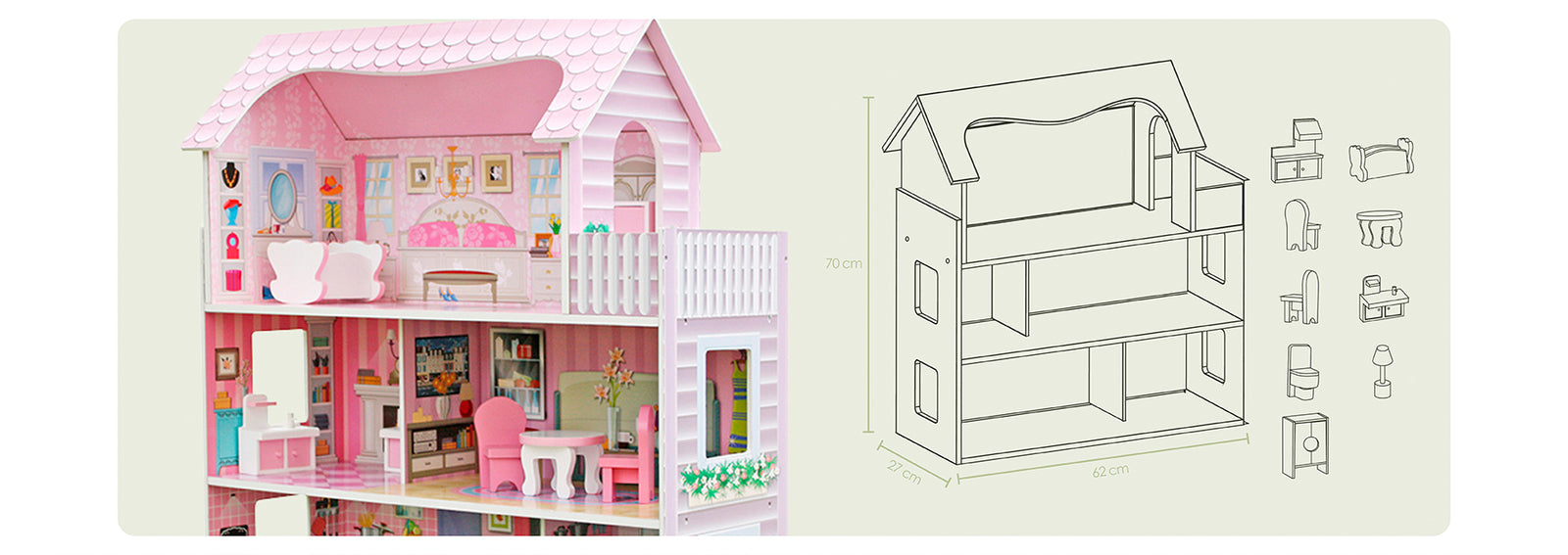 Casa De Muñecas Clásica Madera Rosada Con Accesorios Bandú