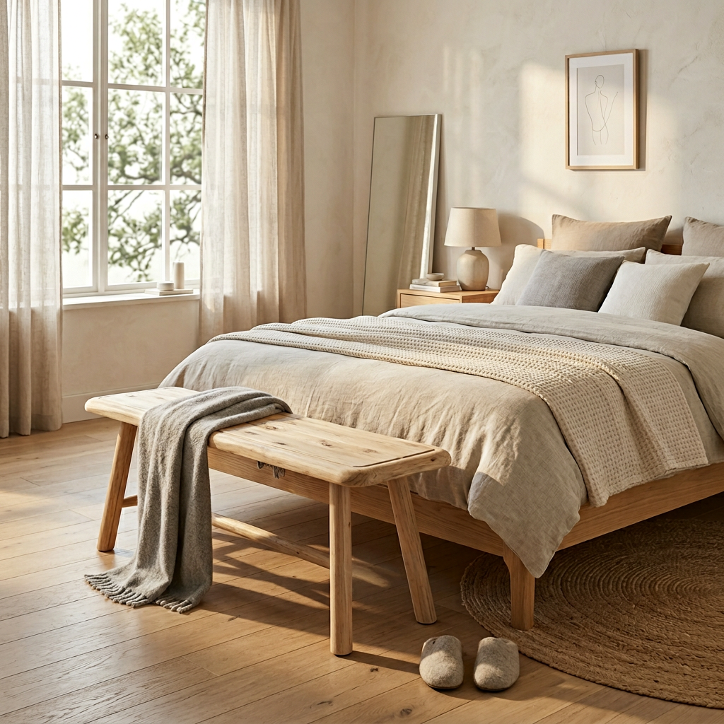 Banco Madera Woody 70x27cm en dormitorio escandinavo - Atmosphera Francia