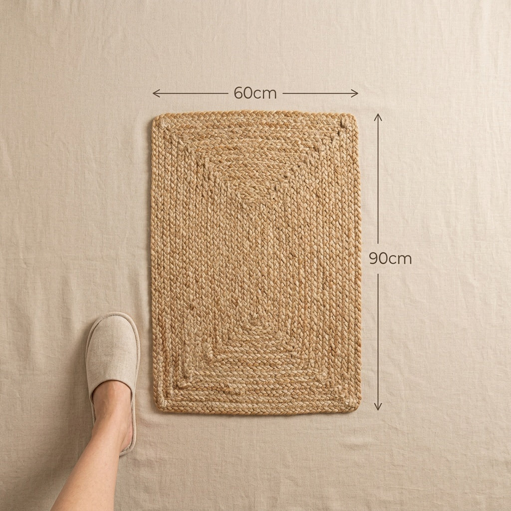 Alfombra Yute Natural 60x90cm en sofá beige — Atmosphera Francia