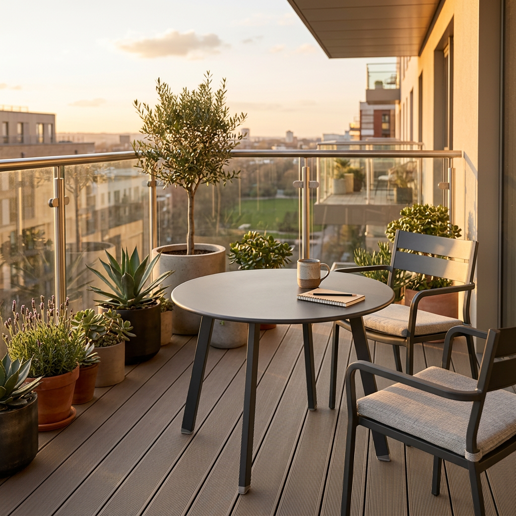 Mesa Terraza Redonda Metal Grafito 70x40cm en living moderno - Atmosphera Francia