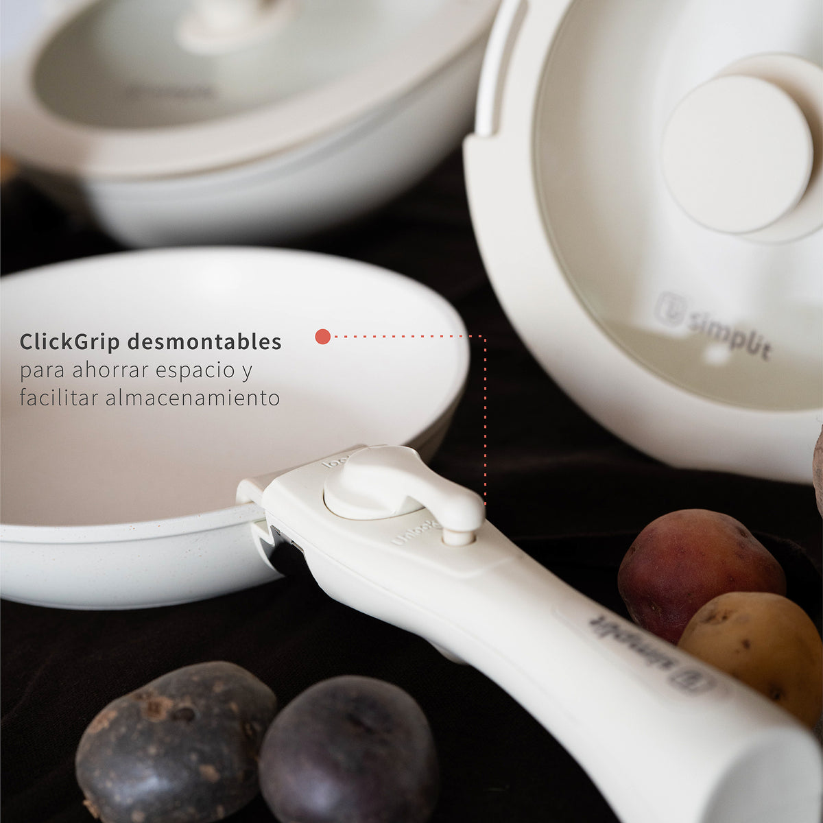 Beige · Batería de cocina Oxford Beige 15 piezas Simplit, mango ClickGrip desmontable
