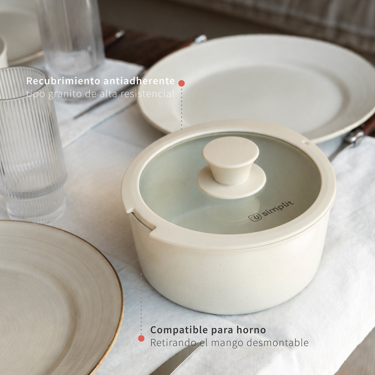 Beige · Batería de cocina Oxford Beige 15 piezas Simplit, olla con tapa de vidrio y recubrimiento antiadherente, apta para horno