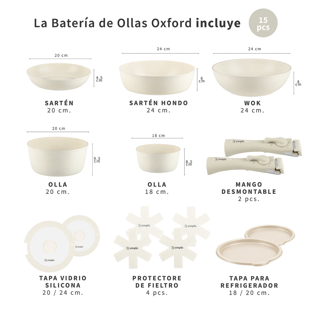 Beige · Batería de cocina Oxford Beige 15 piezas Simplit, las piezas que incluye con sus medidas