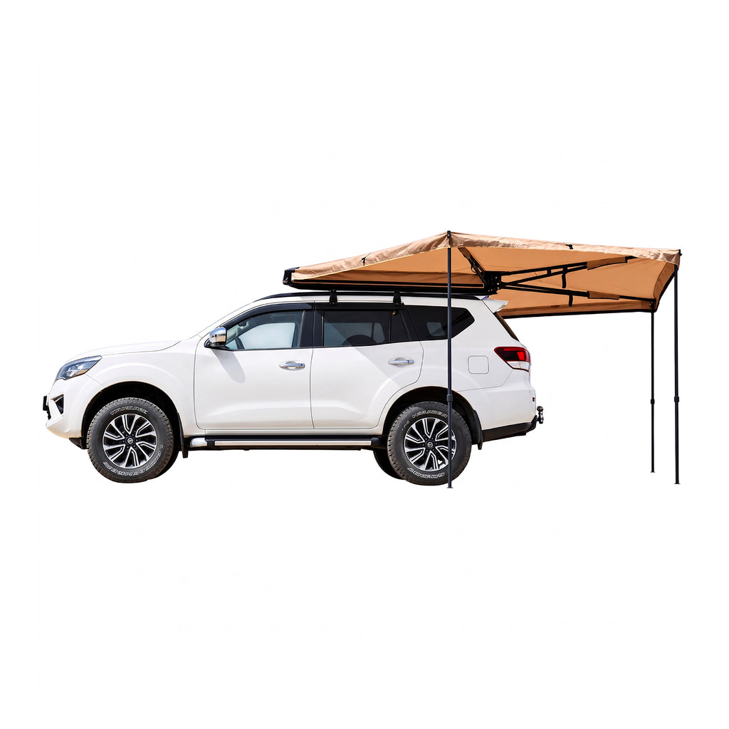 Toldo Camping Lateral 270° Xroad instalado en el techo del auto, vista lateral