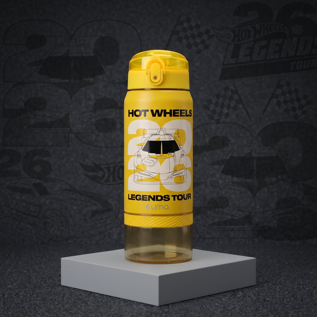 Botella Térmica Insulada Hot Wheels Legends 2 en 1 Nitro Yellow 590 ml UMA — ambientada sobre fondo Hot Wheels Legends