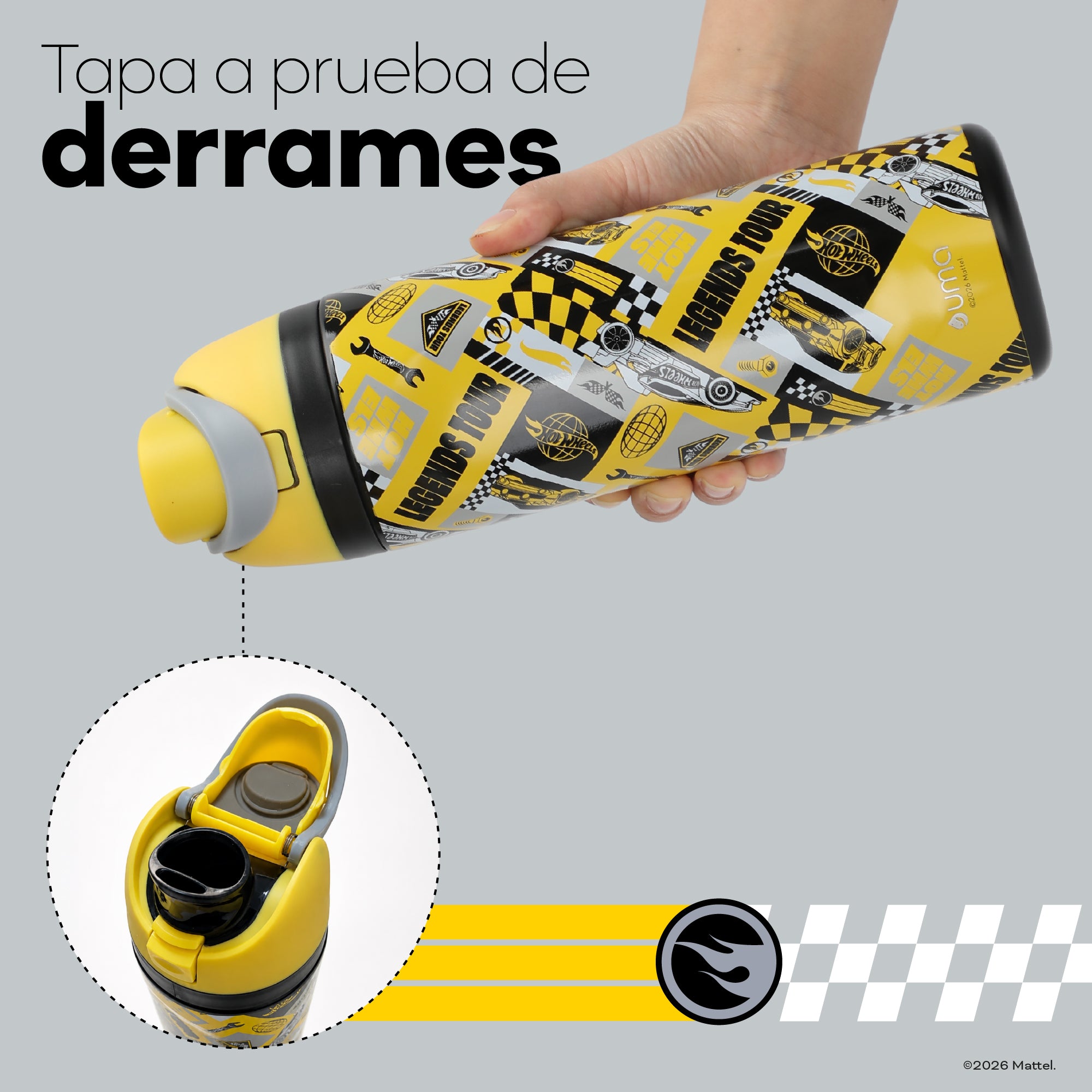 Botella Térmica Insulada Hot Wheels Legends Torque Yellow 750 ml UMA — tapa a prueba de derrames, en uso