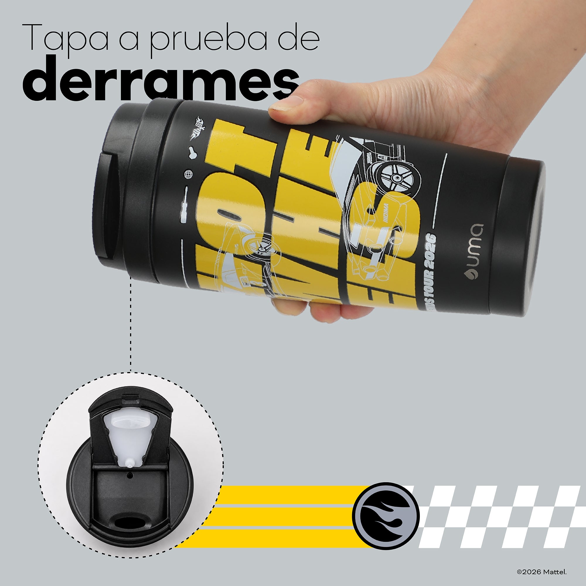 Vaso Térmico para Café Mug Hot Wheels Legends Champ Black 590 ml UMA — tapa a prueba de derrames, en uso