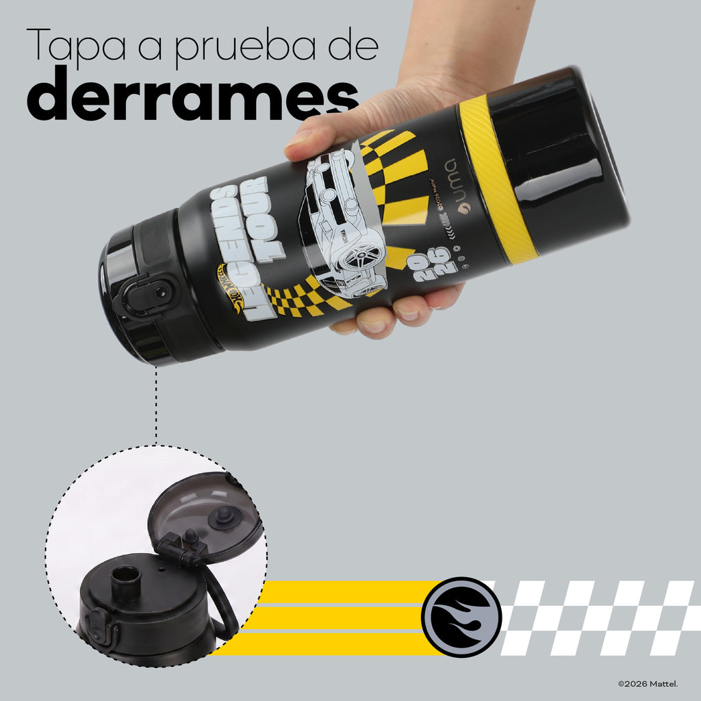 Botella Térmica Insulada Hot Wheels Legends 2 en 1 Loop Black 590 ml UMA — tapa a prueba de derrames, en uso