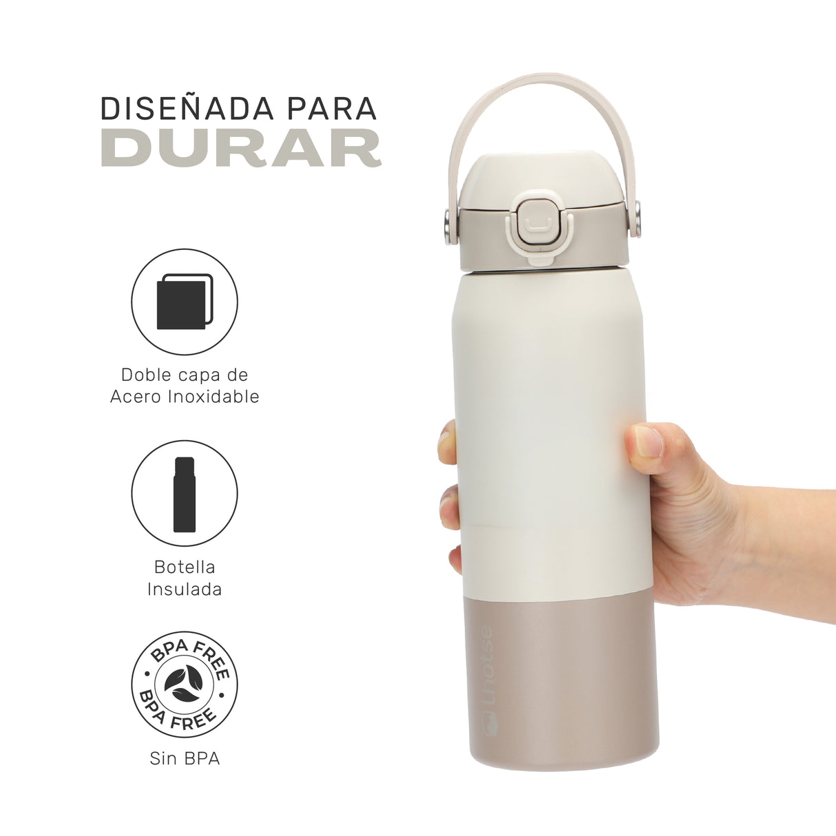 Beige · Botella Térmica Hydrotek 750 ml de acero inoxidable Lhotse, detalle de la doble capa de acero inoxidable y libre de BPA