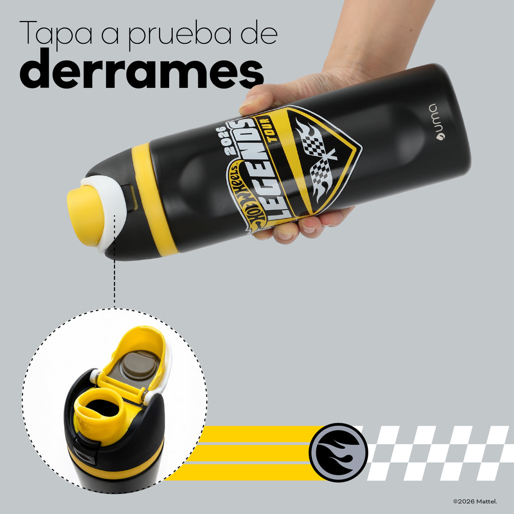 Botella Térmica Insulada Hot Wheels Legends Finish Black 750 ml UMA — tapa a prueba de derrames, en uso