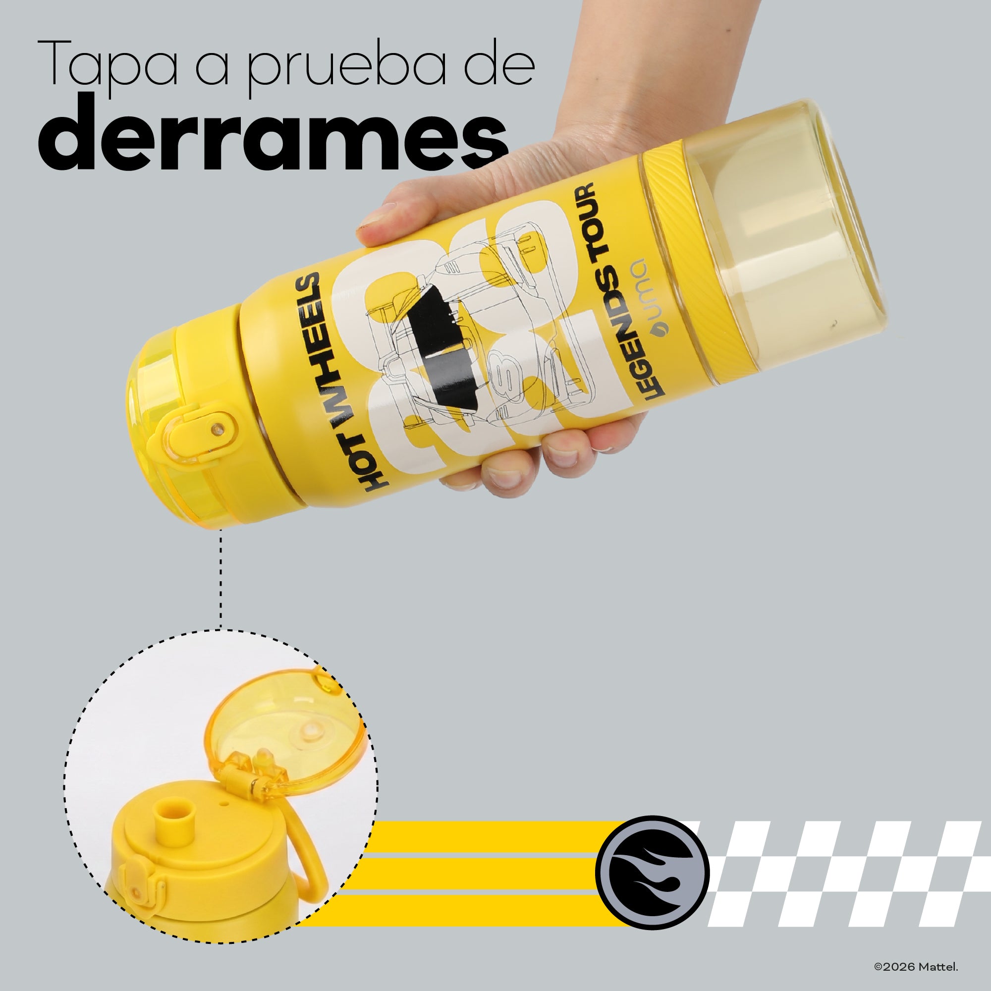 Botella Térmica Insulada Hot Wheels Legends 2 en 1 Nitro Yellow 590 ml UMA — tapa a prueba de derrames, en uso