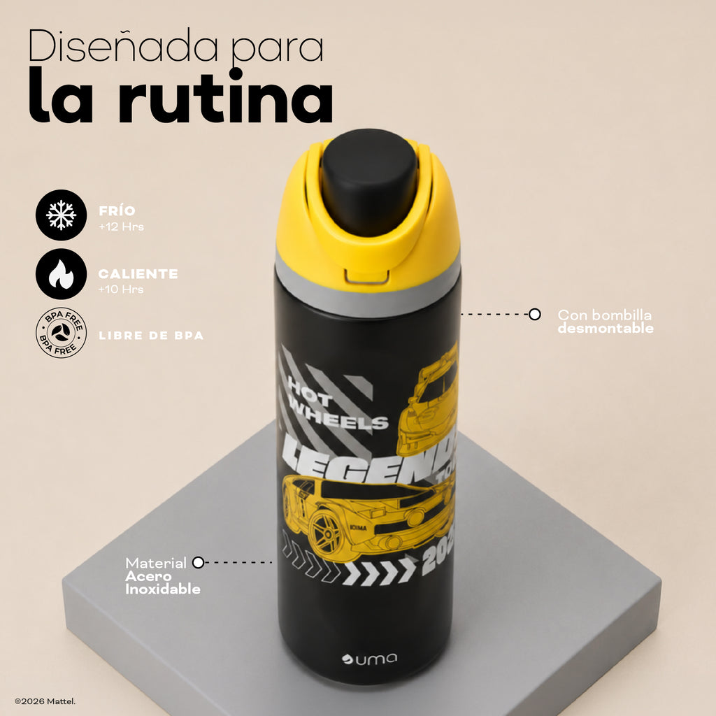 Botella Térmica Insulada Hot Wheels Legends Drift Yellow Lid 750 ml UMA — diseñada para la rutina: frío, calor, libre de BPA y bombilla desmontable