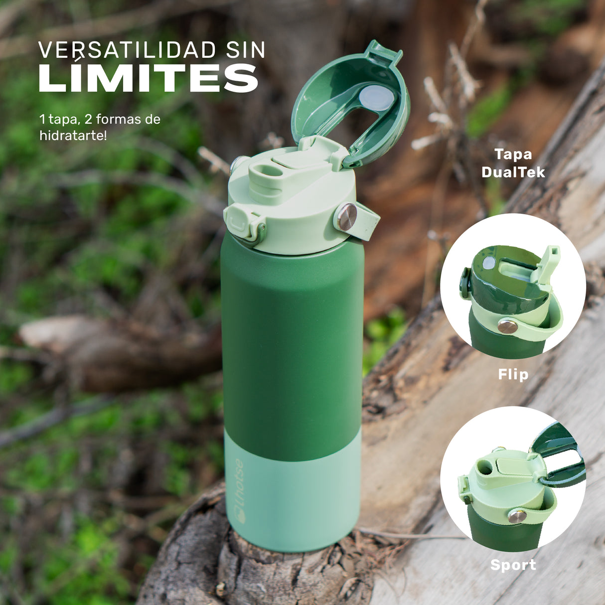 Verde · Botella Térmica Hydrotek 750 ml de acero inoxidable Lhotse, tapa DualTek con sus dos modos, Flip y Sport