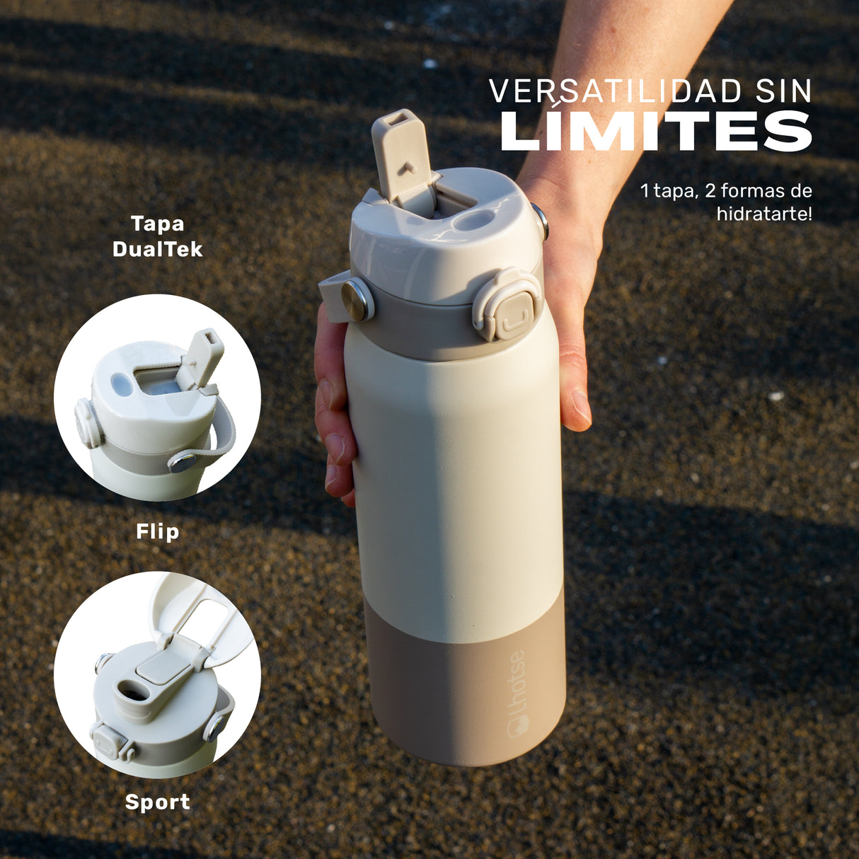Beige · Botella Térmica Hydrotek 750 ml de acero inoxidable Lhotse, tapa DualTek con sus dos modos, Flip y Sport