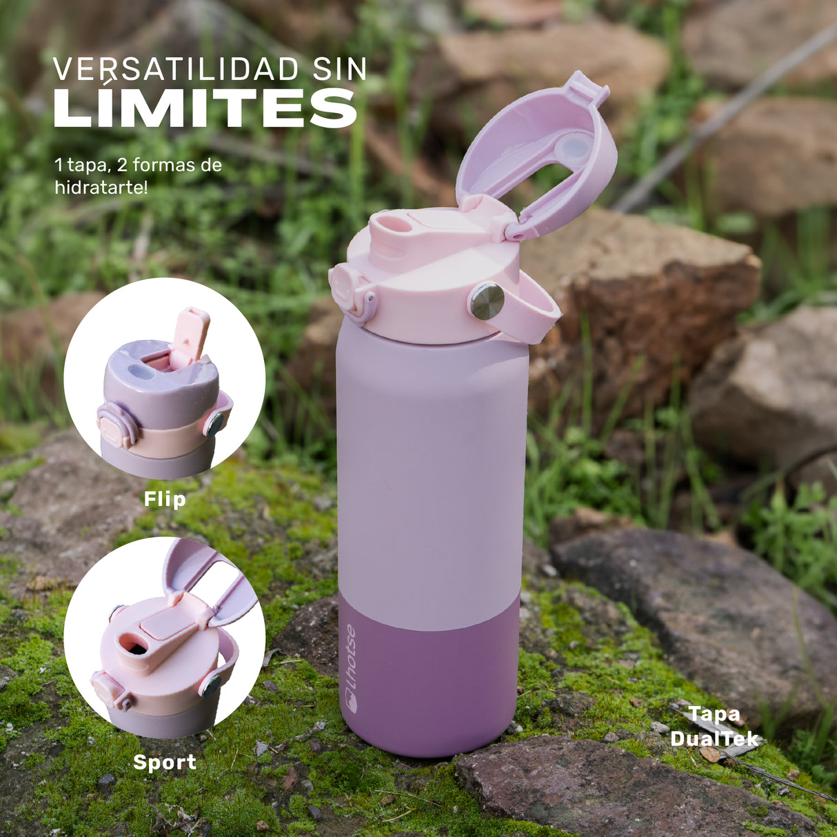 Rosa · Botella Térmica Hydrotek 750 ml de acero inoxidable Lhotse, tapa DualTek con sus dos modos, Flip y Sport