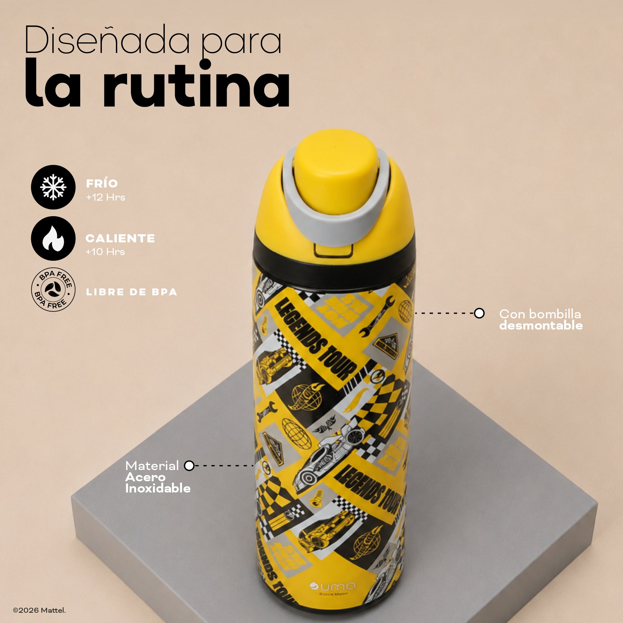 Botella Térmica Insulada Hot Wheels Legends Torque Yellow 750 ml UMA — diseñada para la rutina: frío, calor, libre de BPA y bombilla desmontable