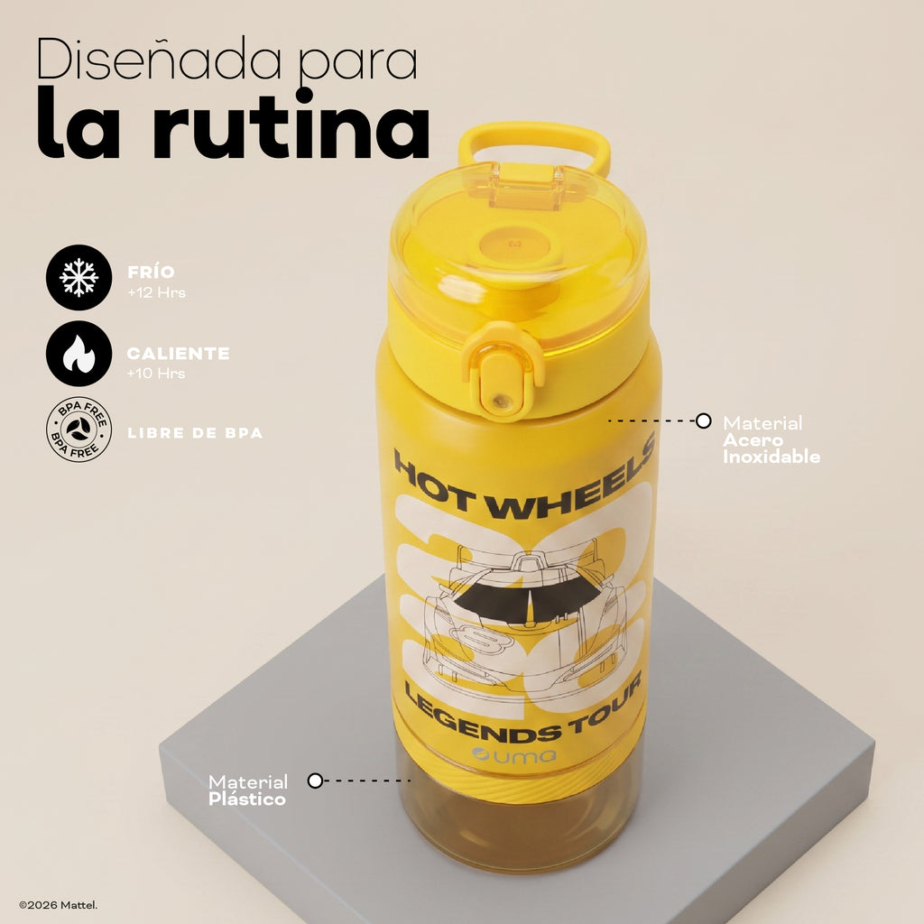 Botella Térmica Insulada Hot Wheels Legends 2 en 1 Nitro Yellow 590 ml UMA — diseñada para la rutina: frío, calor y libre de BPA