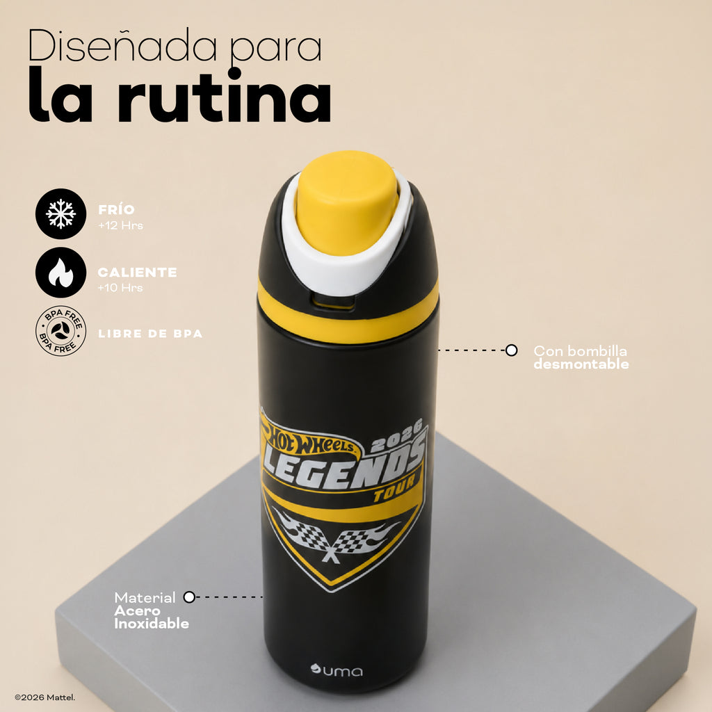Botella Térmica Insulada Hot Wheels Legends Finish Black 750 ml UMA — diseñada para la rutina: frío, calor, libre de BPA y bombilla desmontable