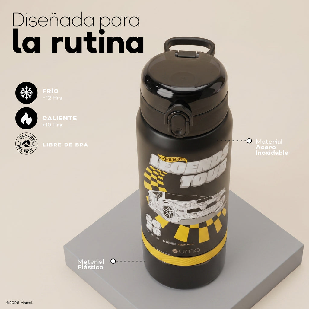 Botella Térmica Insulada Hot Wheels Legends 2 en 1 Loop Black 590 ml UMA — diseñada para la rutina: frío, calor y libre de BPA
