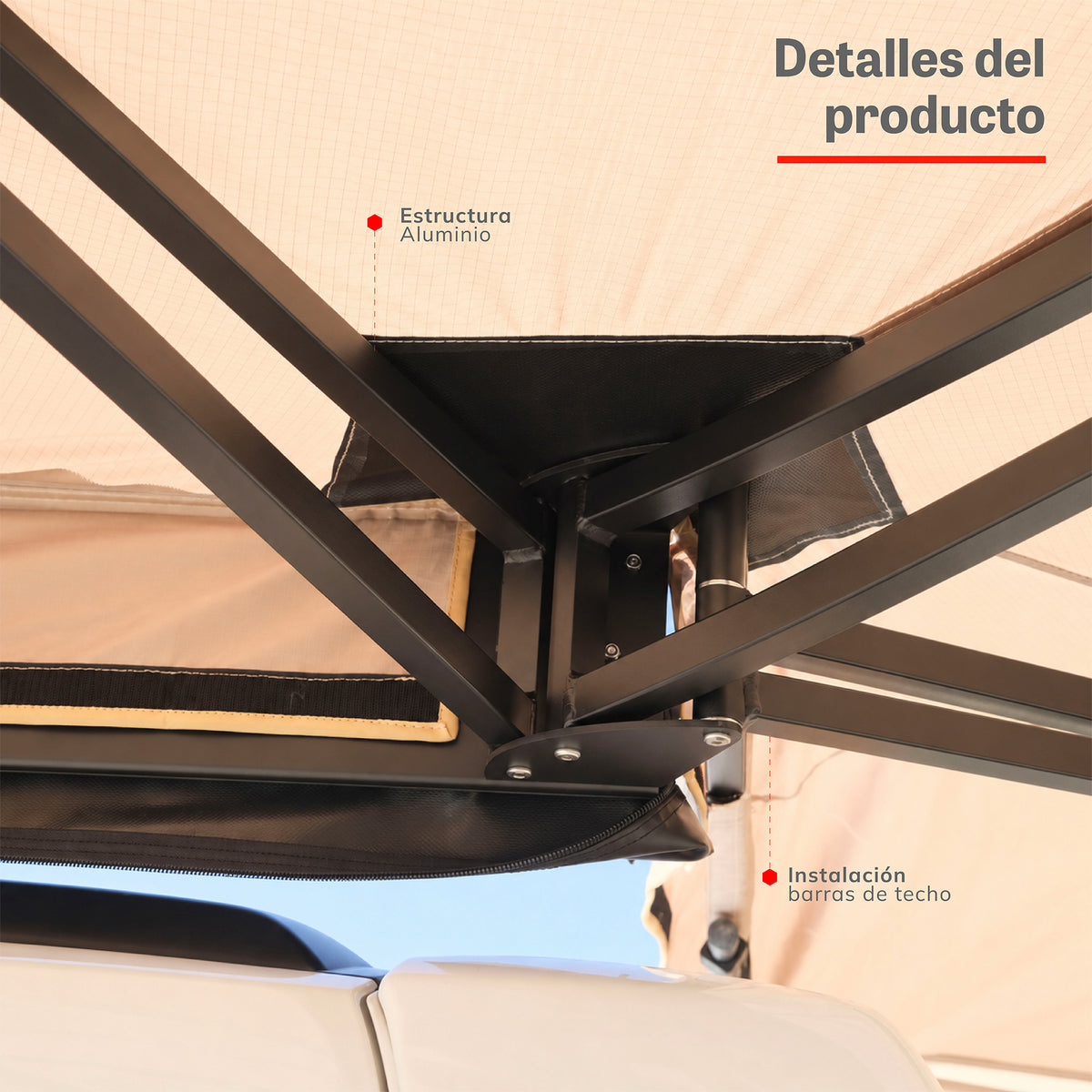 Toldo 270° Xroad: estructura de aluminio e instalación en barras de techo