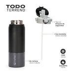 Negro · Botella Térmica Hydrotek 750 ml de acero inoxidable Lhotse, detalle de la tapa con bloqueo de seguridad y la bombilla interna removible
