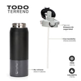 Negro · Botella Térmica Hydrotek 750 ml de acero inoxidable Lhotse, detalle de la tapa con bloqueo de seguridad y la bombilla interna removible