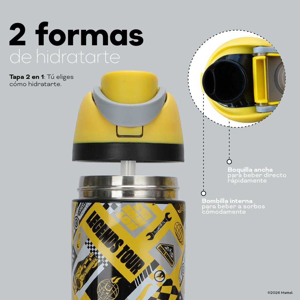Botella Térmica Insulada Hot Wheels Legends Torque Yellow 750 ml UMA — dos formas de hidratarte: boquilla ancha o bombilla interna