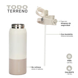 Beige · Botella Térmica Hydrotek 750 ml de acero inoxidable Lhotse, detalle de la tapa con bloqueo de seguridad y la bombilla interna removible