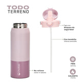 Rosa · Botella Térmica Hydrotek 750 ml de acero inoxidable Lhotse, detalle de la tapa con bloqueo de seguridad y la bombilla interna removible