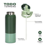 Verde · Botella Térmica Hydrotek 750 ml de acero inoxidable Lhotse, detalle de la tapa con bloqueo de seguridad y la bombilla interna removible