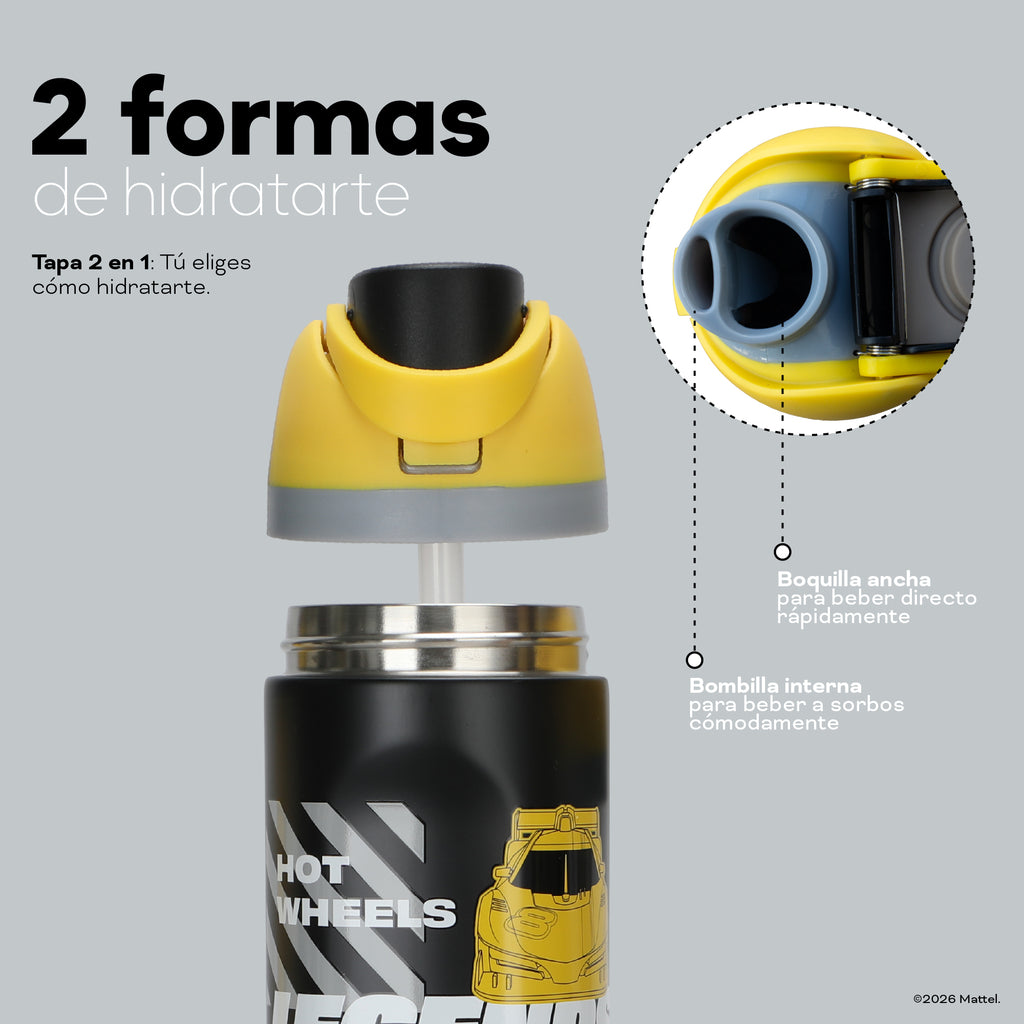 Botella Térmica Insulada Hot Wheels Legends Drift Yellow Lid 750 ml UMA — dos formas de hidratarte: boquilla ancha o bombilla interna