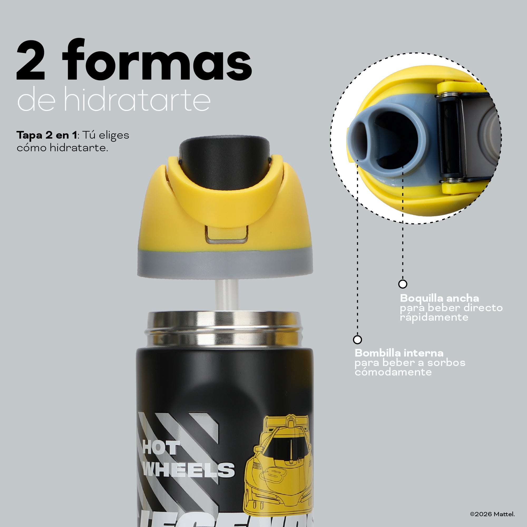 Botella Térmica Insulada Hot Wheels Legends Drift Yellow Lid 750 ml UMA — dos formas de hidratarte: boquilla ancha o bombilla interna