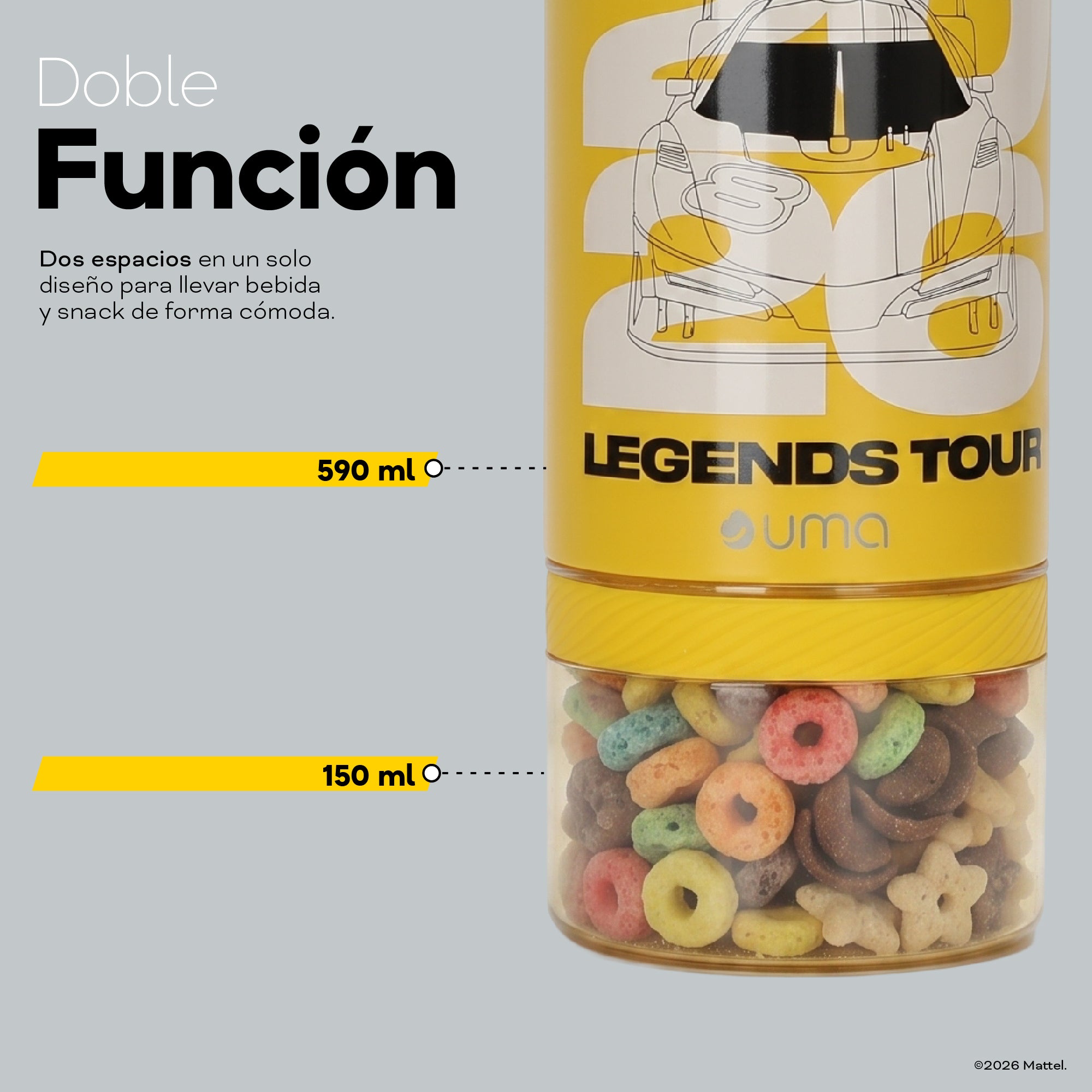 Botella Térmica Insulada Hot Wheels Legends 2 en 1 Nitro Yellow 590 ml UMA — doble función: 590 ml de bebida y 150 ml de almacenamiento