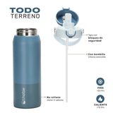 Azul marino · Botella Térmica Hydrotek 750 ml de acero inoxidable Lhotse, detalle de la tapa con bloqueo de seguridad y la bombilla interna removible