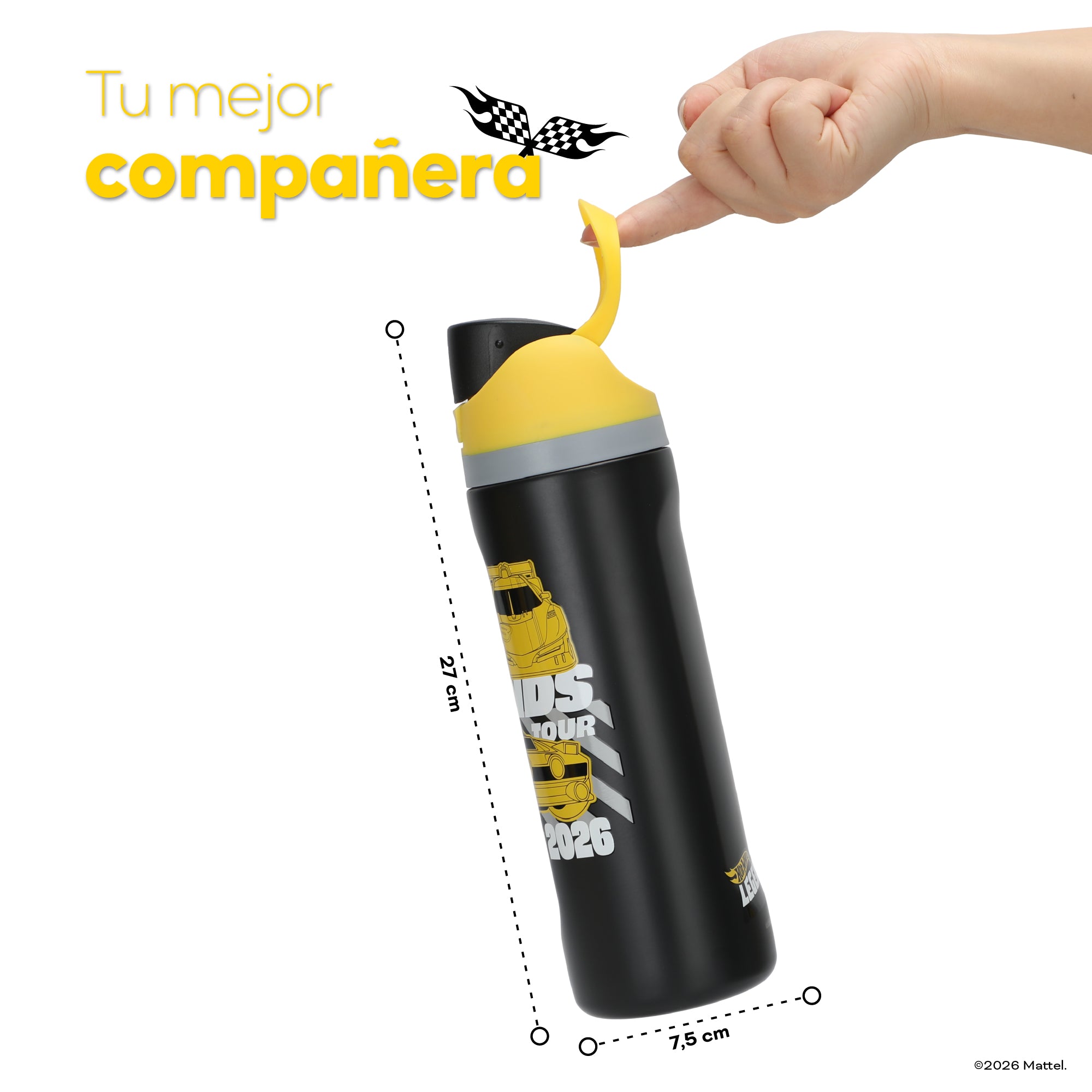Botella Térmica Insulada Hot Wheels Legends Drift Yellow Lid 750 ml UMA — medidas: 27 cm de alto por 7,5 cm de ancho