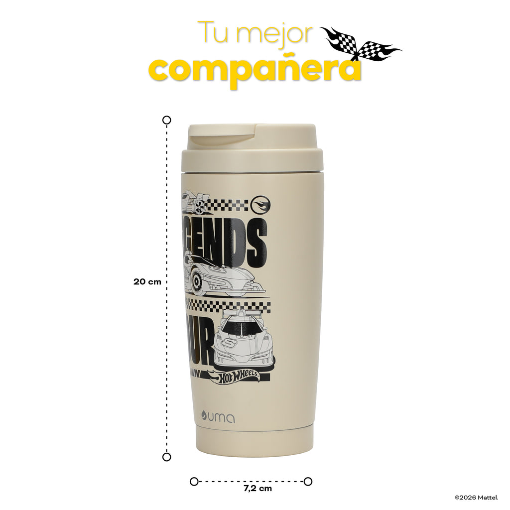 Vaso Térmico para Café Mug Hot Wheels Legends Tour Beige 590 ml UMA — medidas: 20 cm de alto por 7,2 cm de diámetro