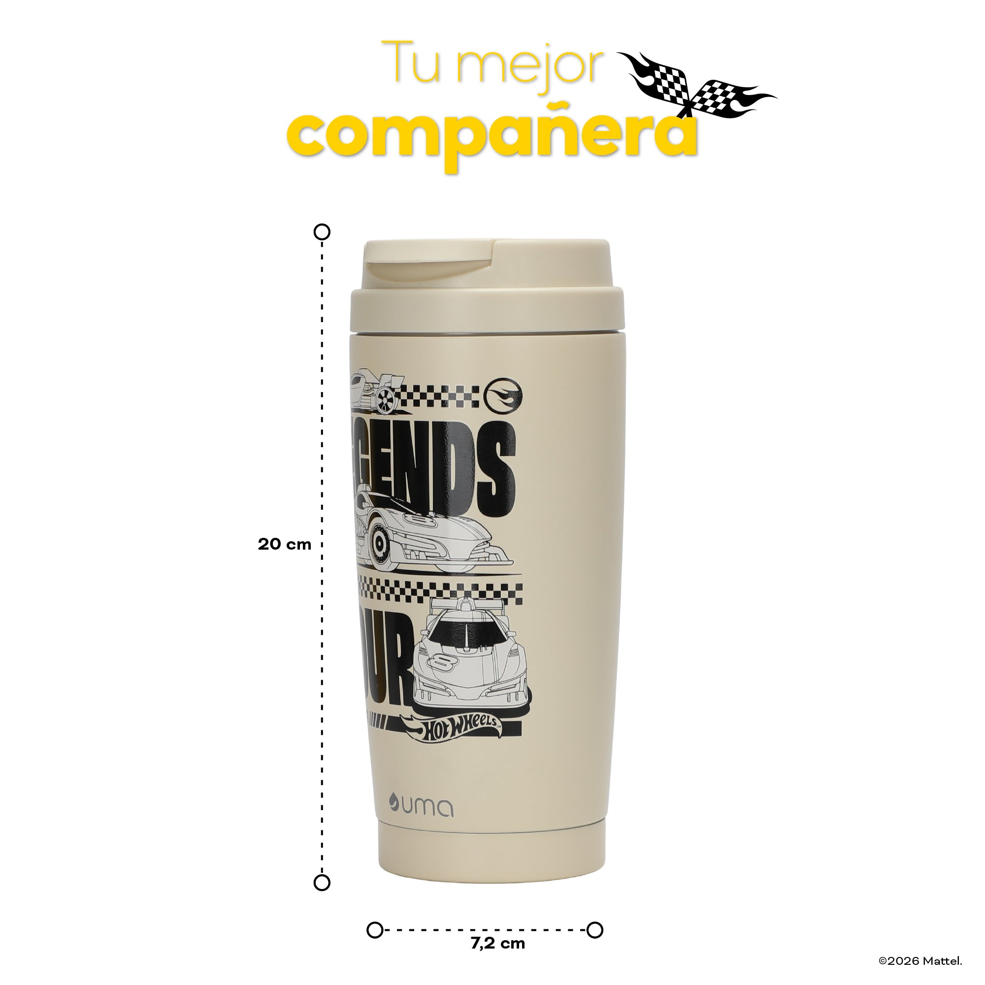Vaso Térmico para Café Mug Hot Wheels Legends Tour Beige 590 ml UMA — medidas: 20 cm de alto por 7,2 cm de diámetro