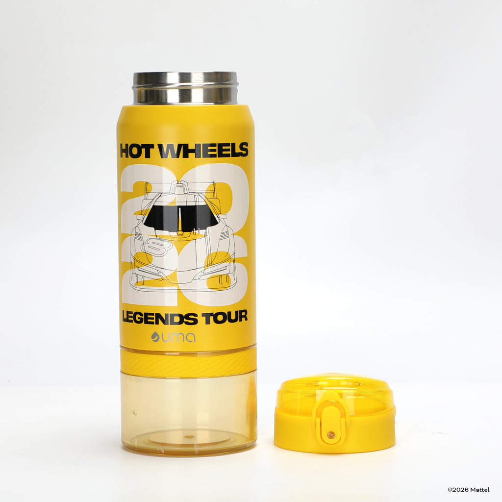 Botella Térmica Insulada Hot Wheels Legends 2 en 1 Nitro Yellow 590 ml UMA — base contenedora extraíble e interior de acero inoxidable