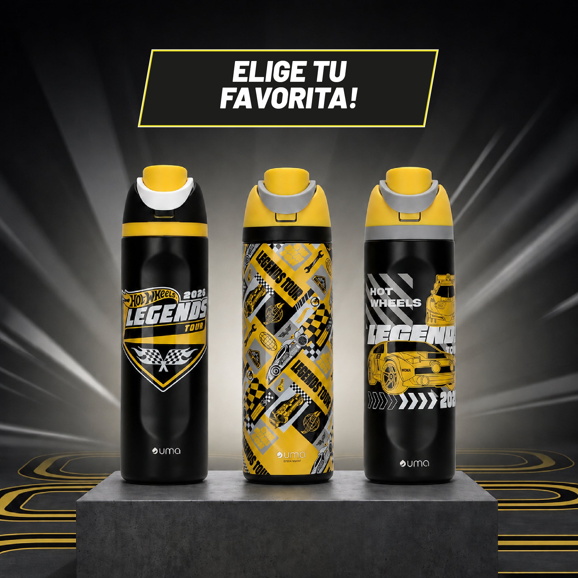 Botella Térmica Insulada Hot Wheels Legends Drift Yellow Lid 750 ml UMA — los tres diseños de la colección Legends