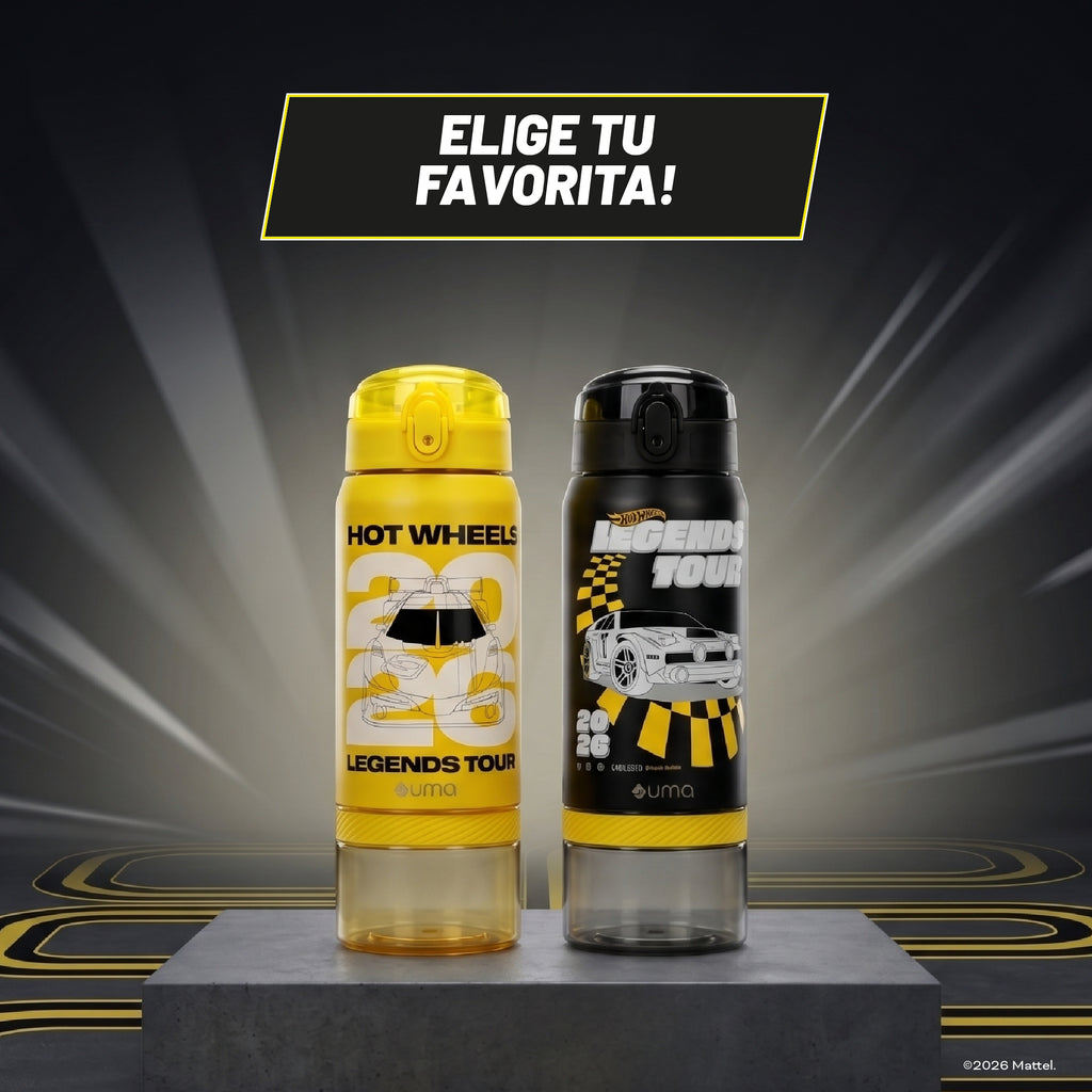 Botella Térmica Insulada Hot Wheels Legends 2 en 1 Nitro Yellow 590 ml UMA — los dos diseños de la colección Legends