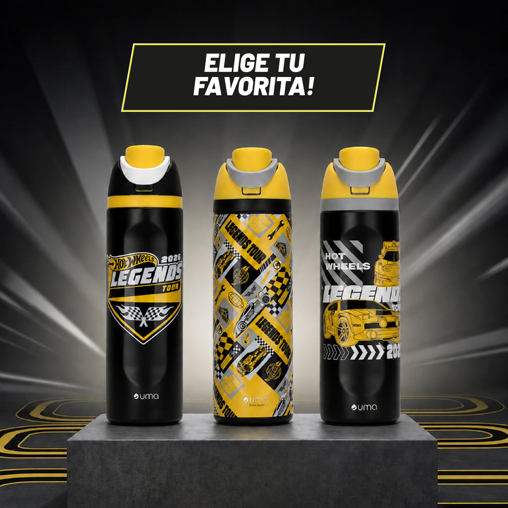 Botella Térmica Insulada Hot Wheels Legends Finish Black 750 ml UMA — los tres diseños de la colección Legends