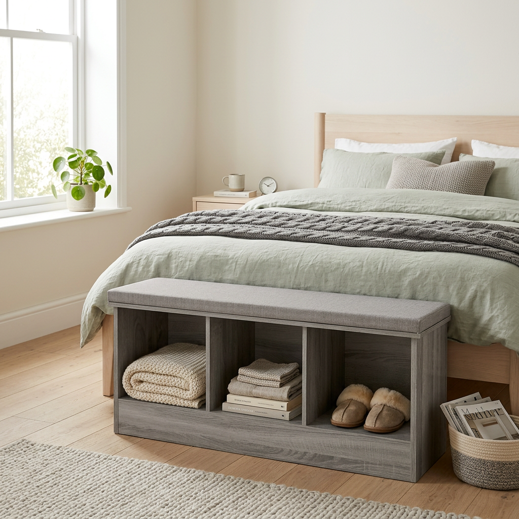 Banca Madera Mix Gris 105x50cm en dormitorio escandinavo - 5Five Francia