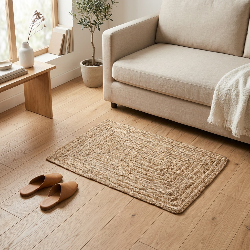 Alfombra Yute Natural 60x90cm en dormitorio boho — Atmosphera Francia
