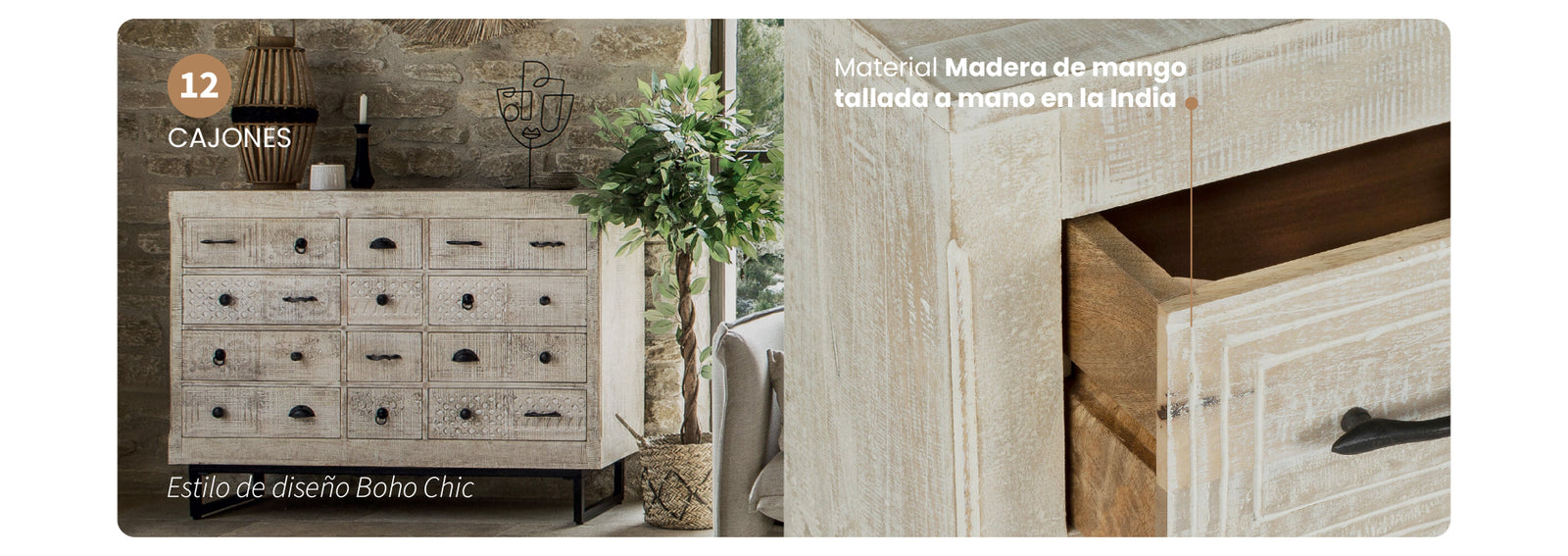 Cómoda 12 Cajones Madera tallada 127x40x94,5 cm Atmosphera
