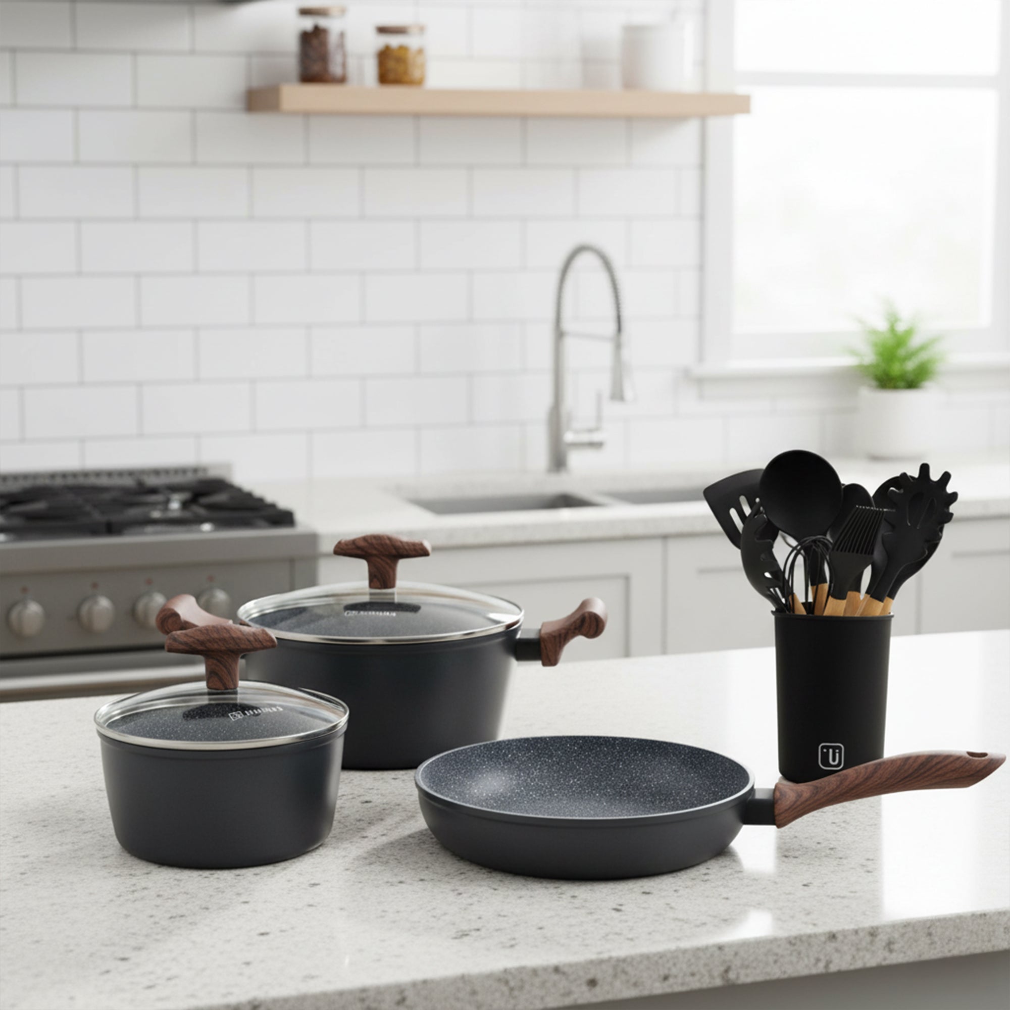Batería Cocina Oregon 5pzs + Set 12 Utensilios Negro
