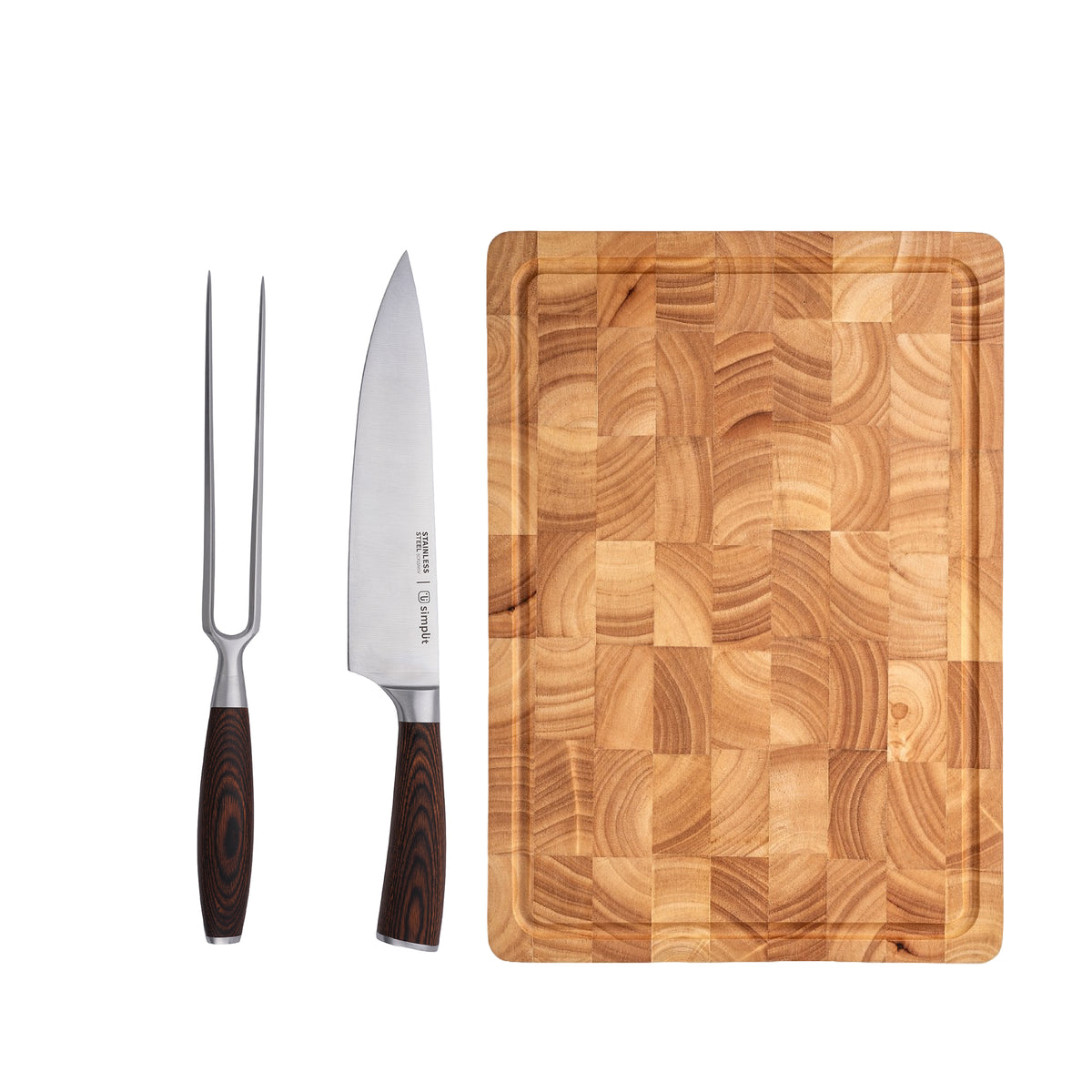 Simplit Pack Parrillero cuchillo, tenedor y tabla 40x28 cm — cuchillo, tenedor y tabla sobre fondo blanco