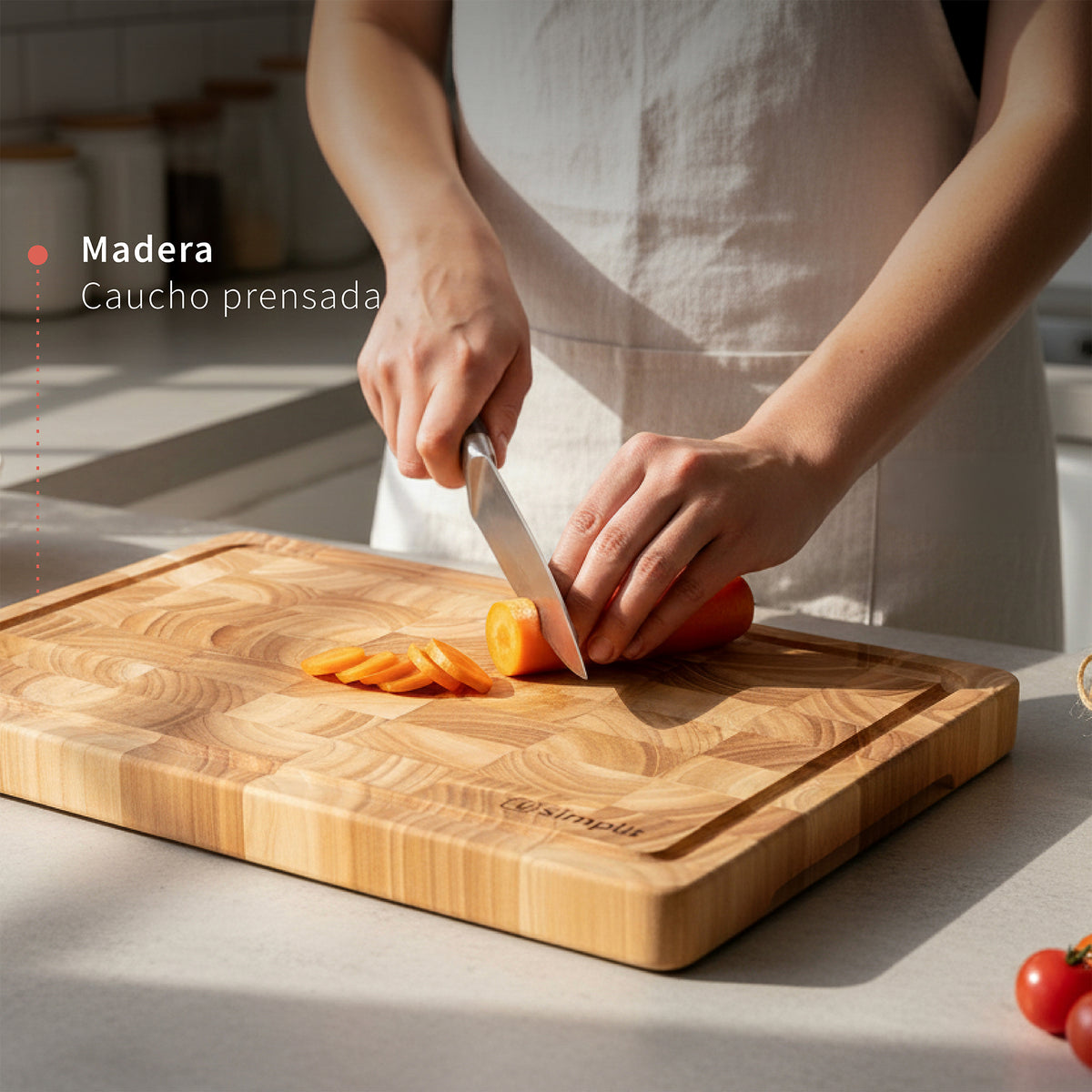 Simplit Pack Parrillero cuchillo, tenedor y tabla 40x28 cm — cortando verduras sobre la tabla de caucho prensado